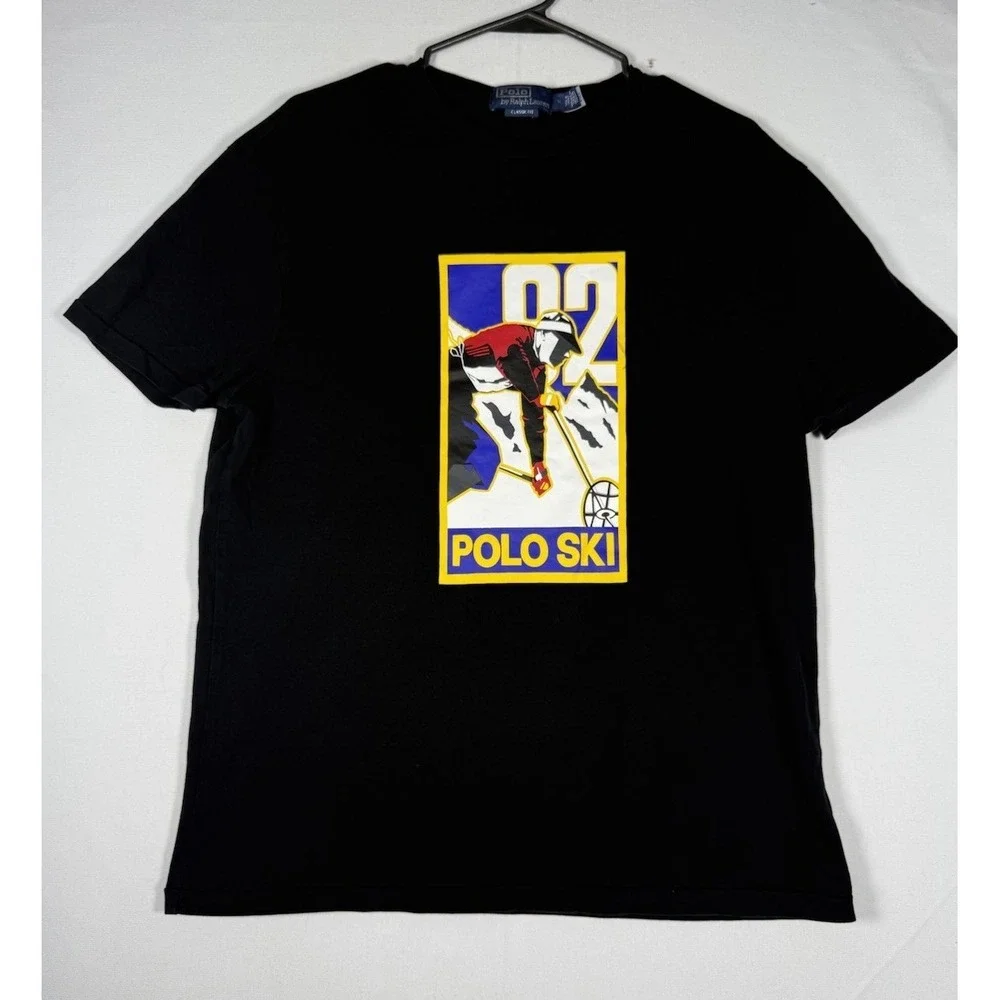Polo Ralph Lauren Shirt Men Medium Polo Ski 92 Graphic T-Shirt Black Classic Fit